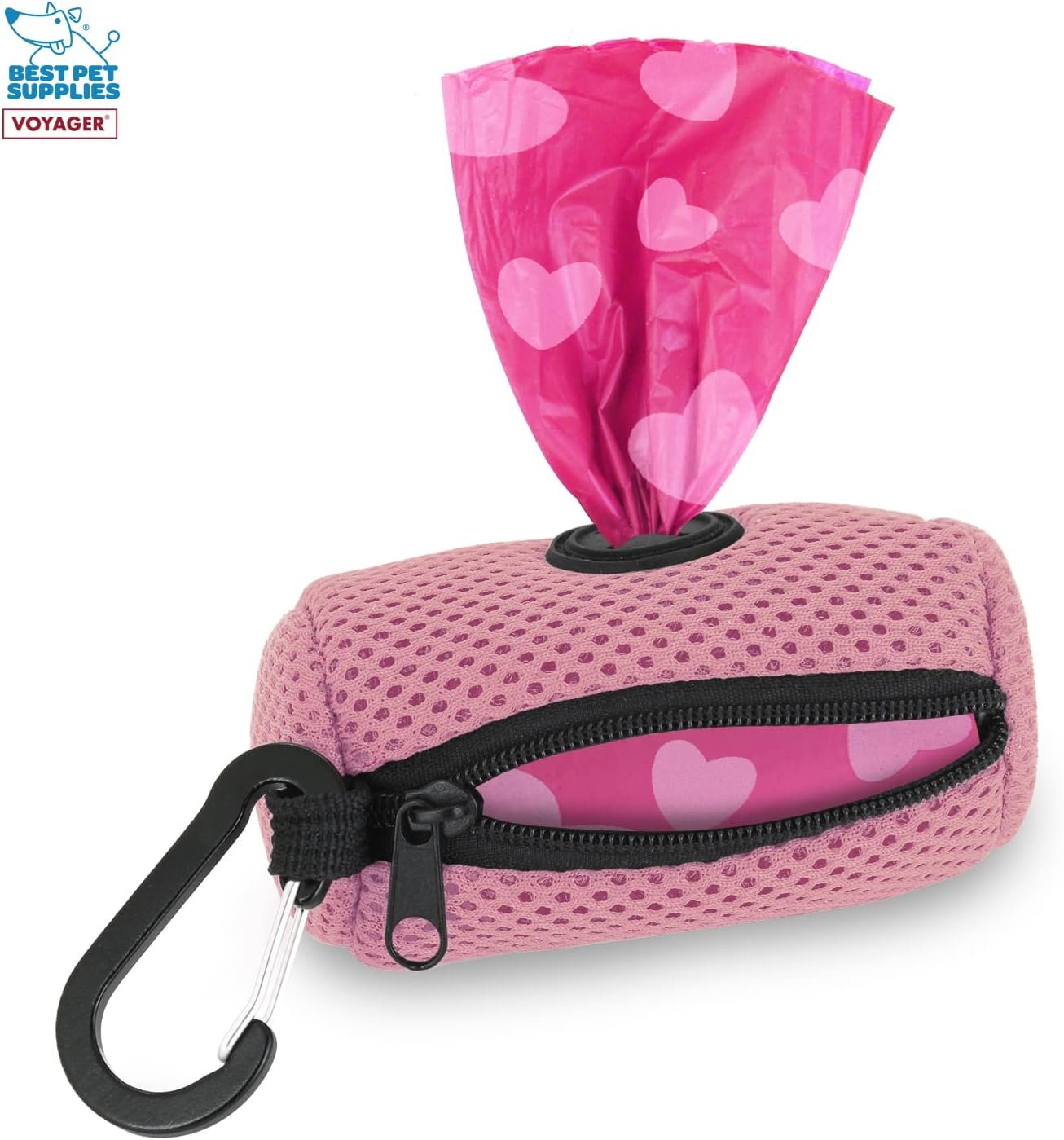 Best Pet Supplies pink mesh poop bag holder pouch with zipper and carabiner