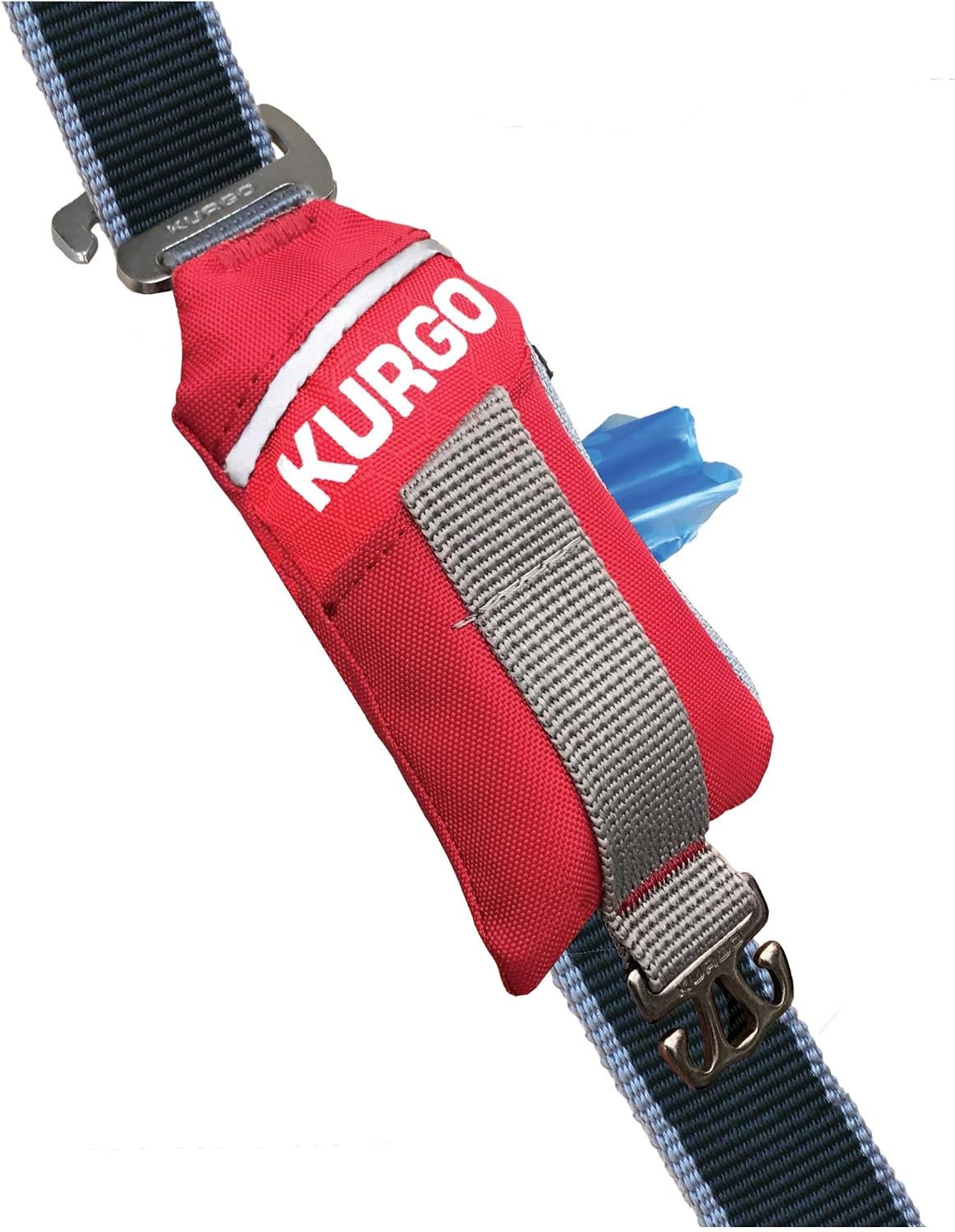 Kurgo Duty Bag red fabric poop bag dispenser pouch on a leash with used-bag hook