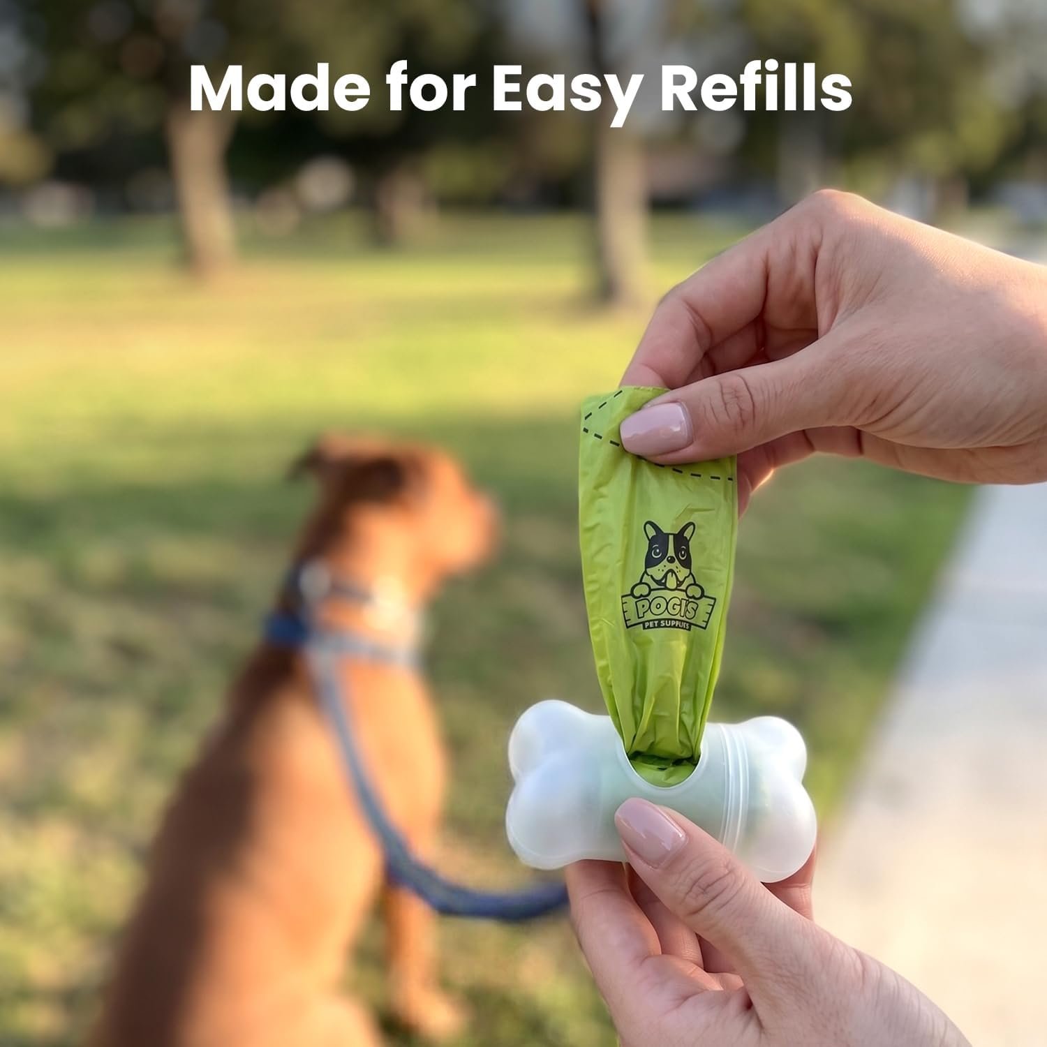 Pogi's translucent white bone-shaped poop bag dispenser feeding a green bag
