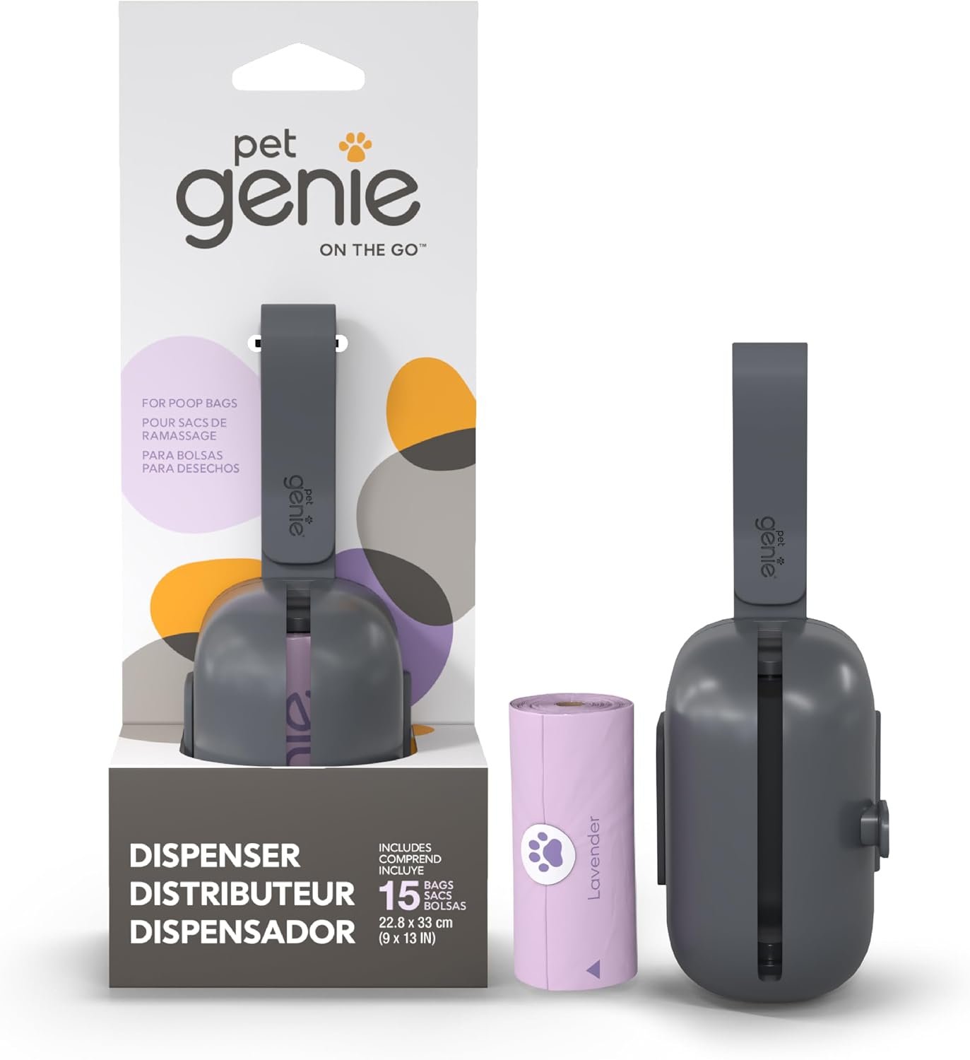 Pet Genie On the Go gray poop bag dispenser with retail packaging and lavender bag roll