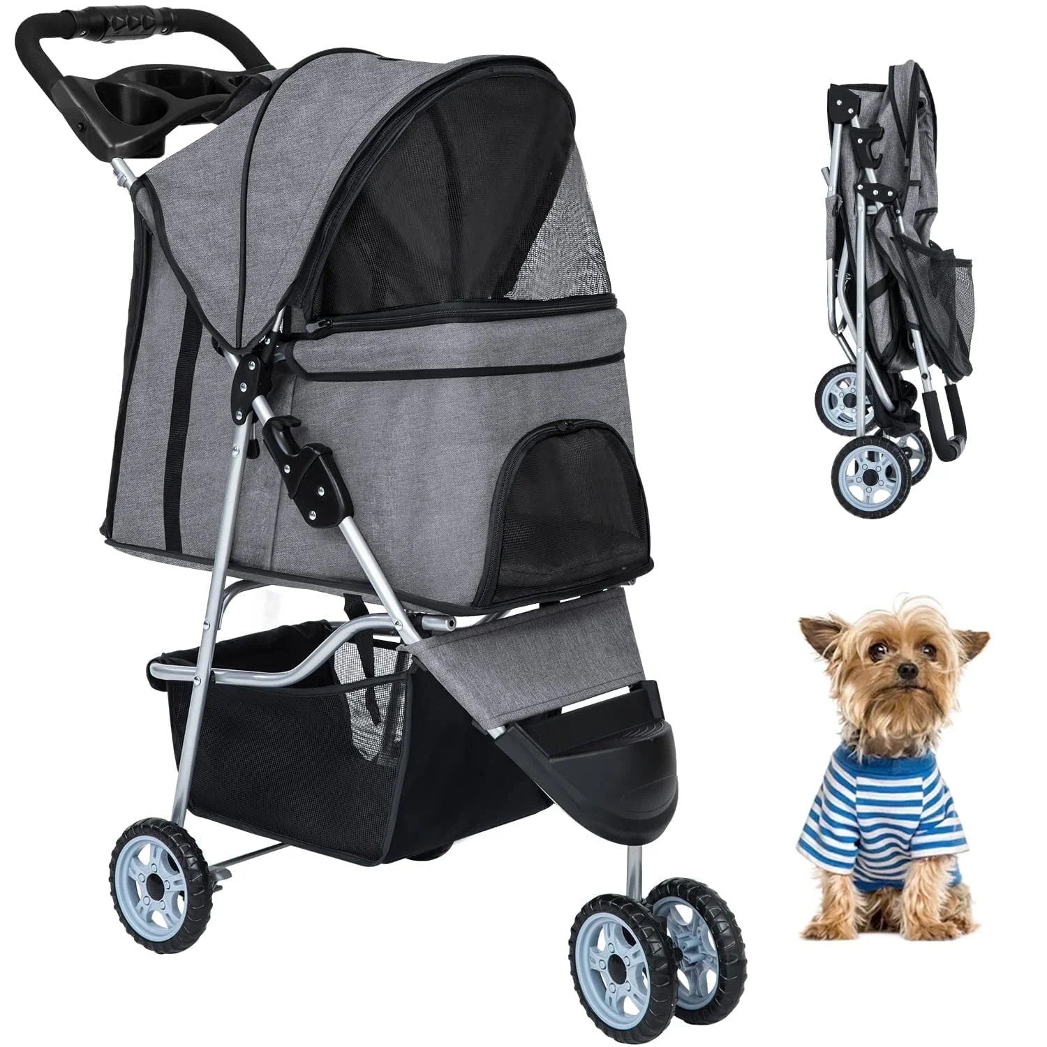 BestPet 3-Wheel Pet Stroller Dog Cat Jogger, Grey
