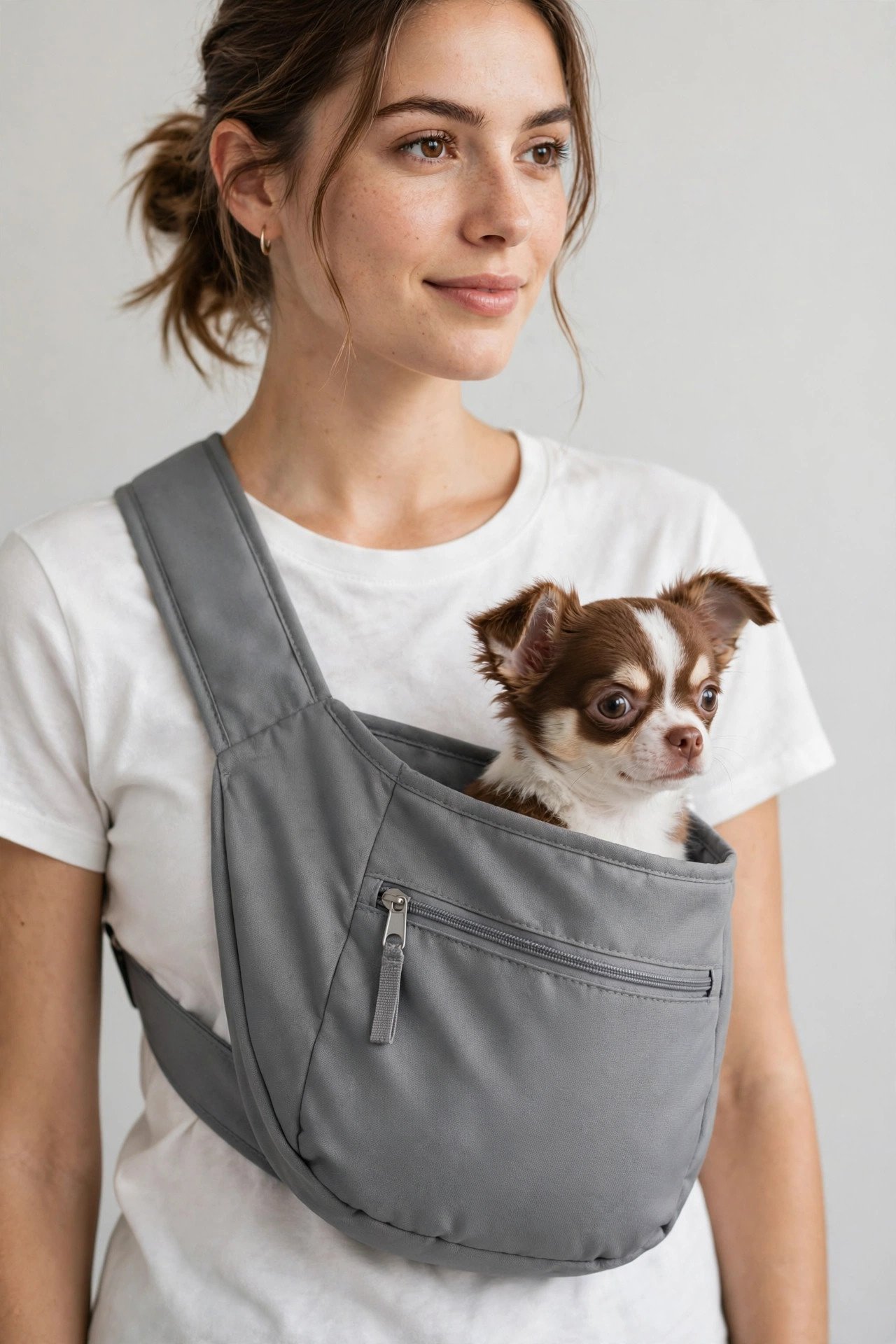 TOMKAS Small Dog Sling Carrier gray with zipper pocket and adjustable strap
