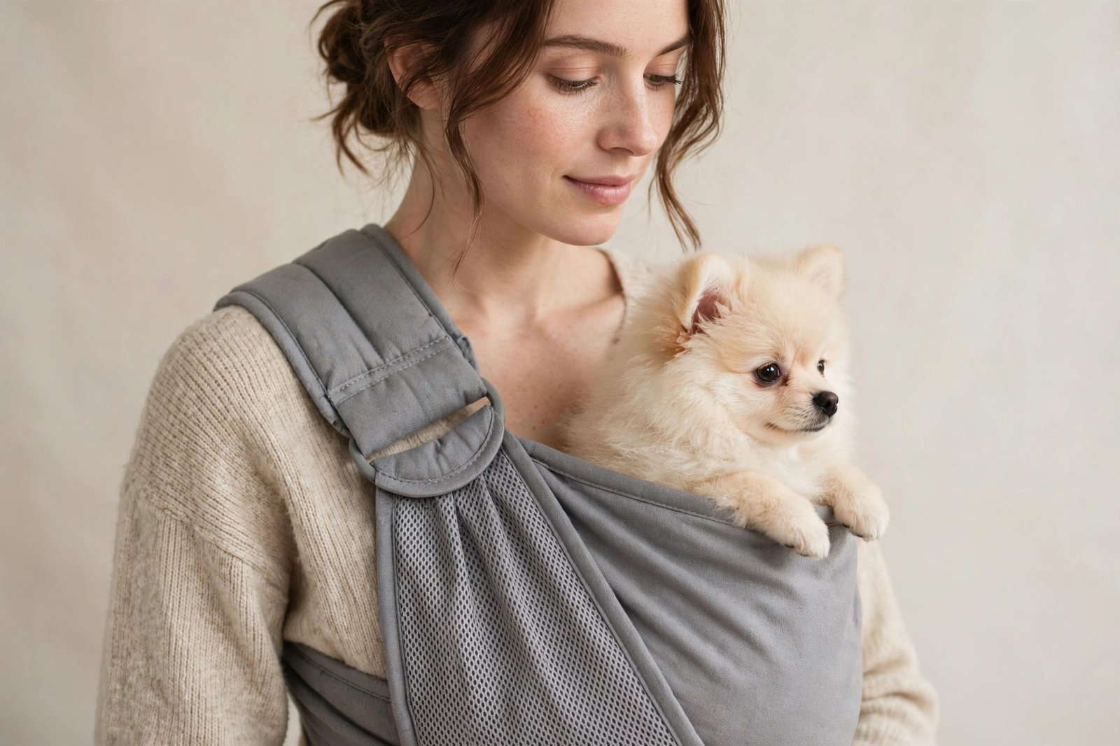 SlowTon dog carrier sling in grey with thick padded strap and mesh panel