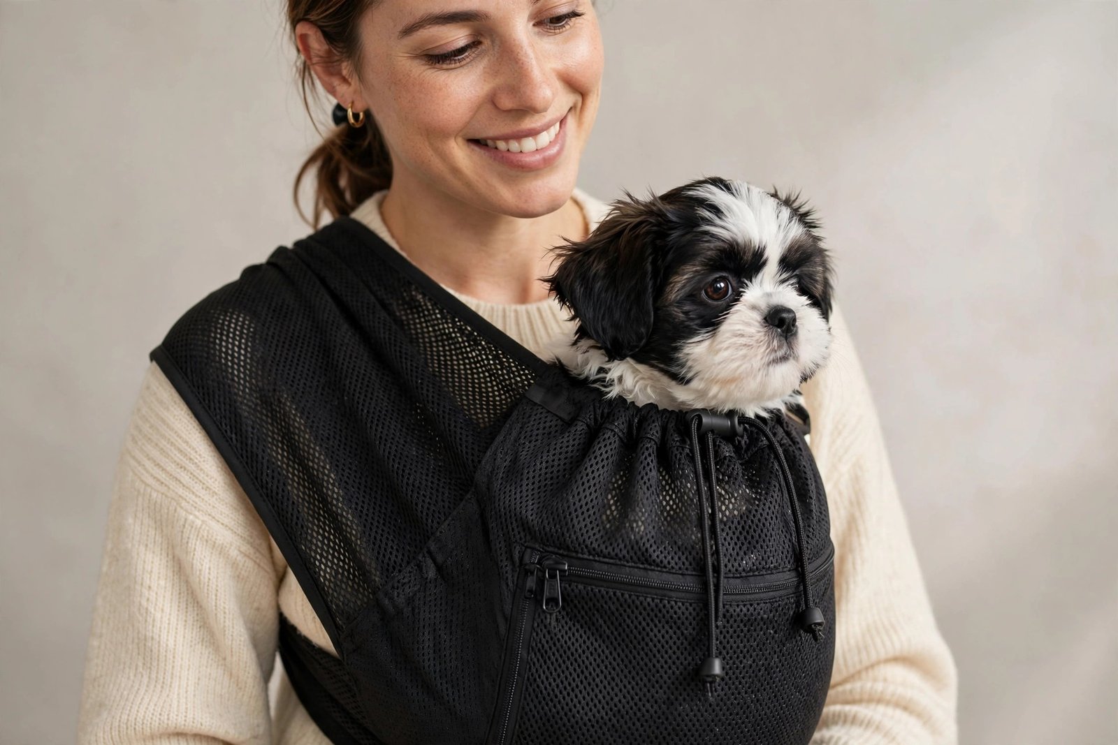 Pawaboo dog sling carrier in black, breathable mesh papoose style