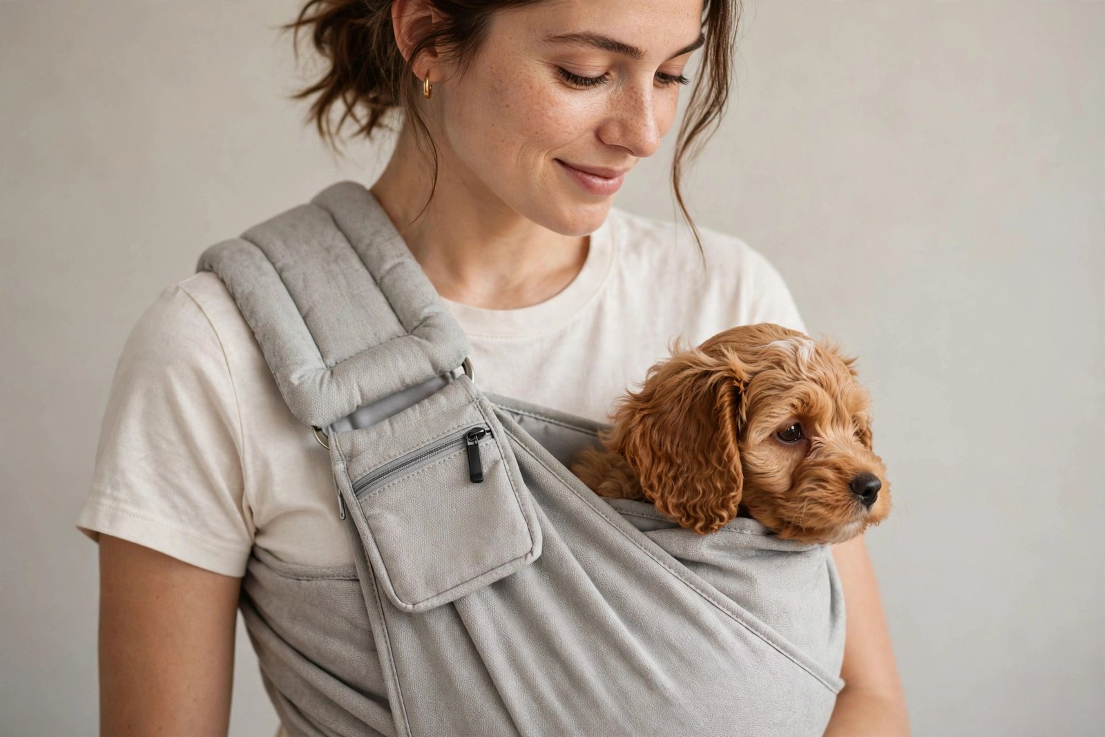 Moysoon puppy sling carrier in light grey with thickened shoulder strap and pocket