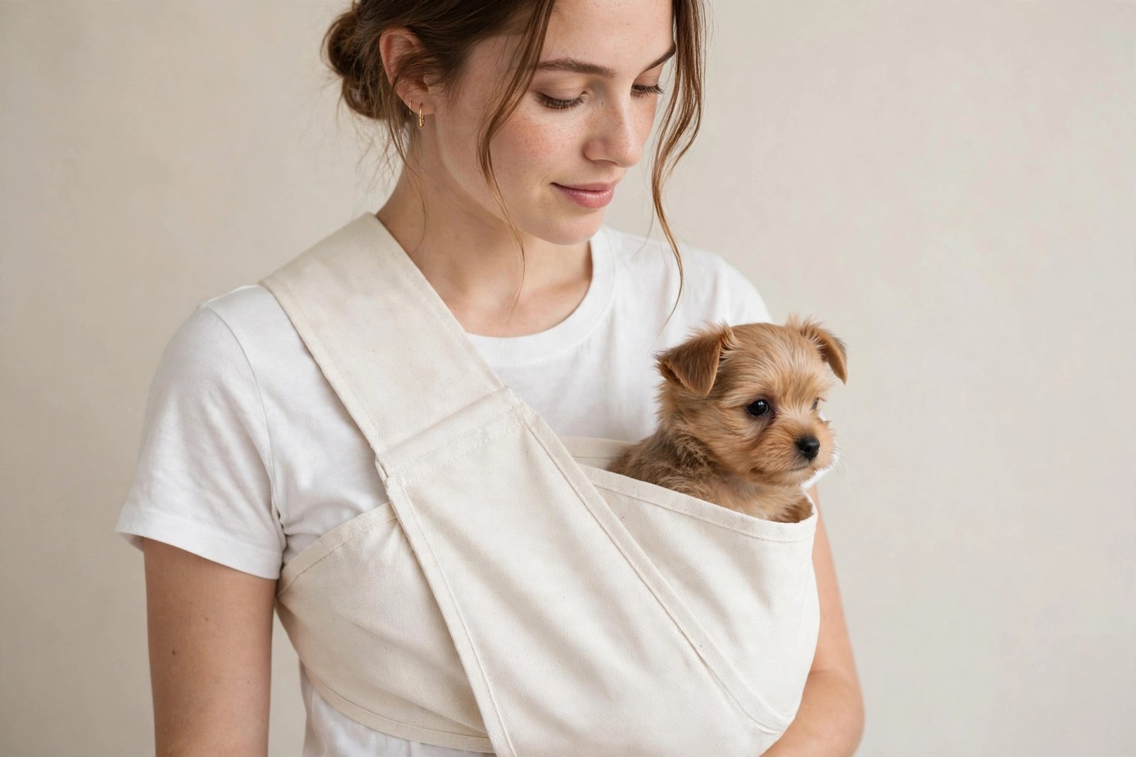 NATUYA pet sling carrier in white canvas for tiny puppies
