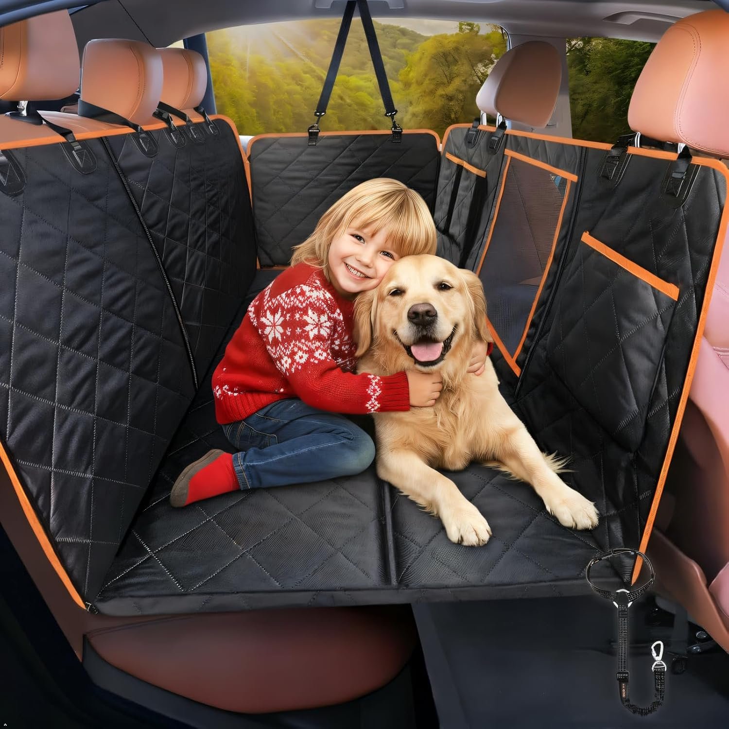 iBuddy hard-bottom back seat extender hammock with orange trim installed in a car, a golden retriever resting on the platform