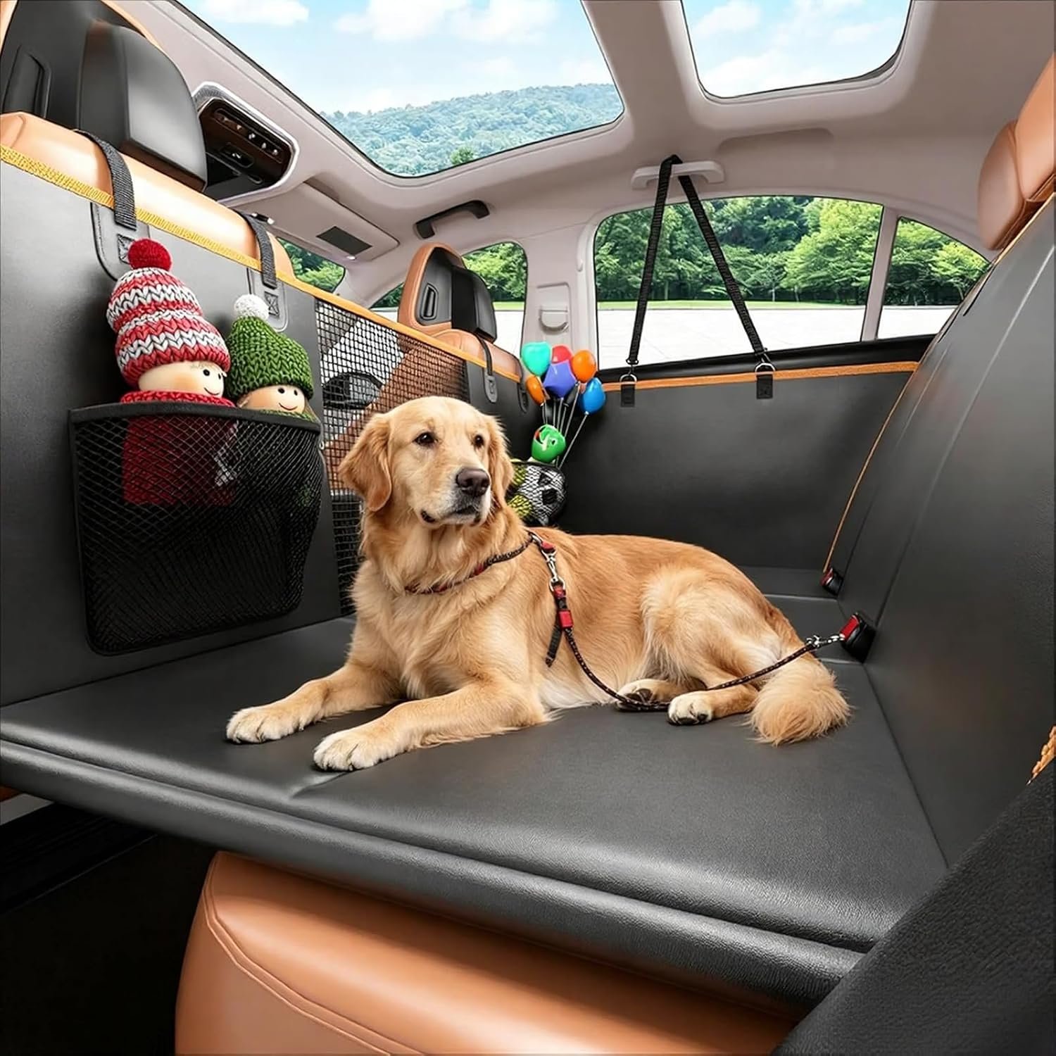 Gusil PU leather back seat extender installed in an SUV, a golden retriever lying on the flat hard-bottom platform