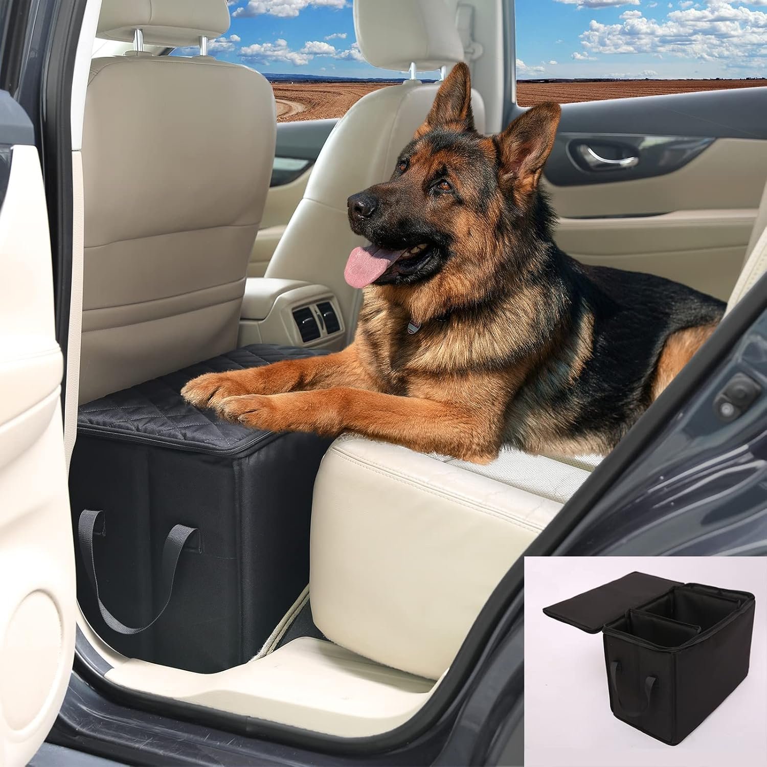 Ablechien dog car seat extender box gap filler with built-in storage installed in a car footwell, a German shepherd resting on the back seat