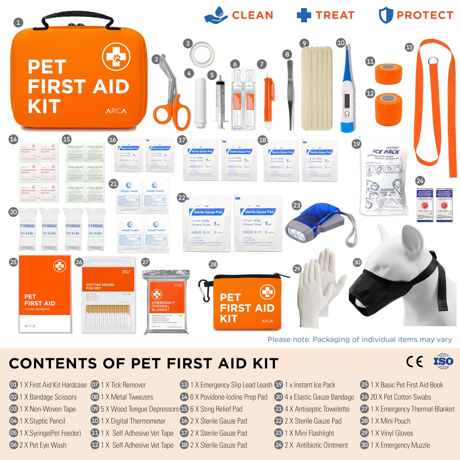 ARCA PET Cat and Dog First Aid Kit 100 pieces in neon orange hard EVA case