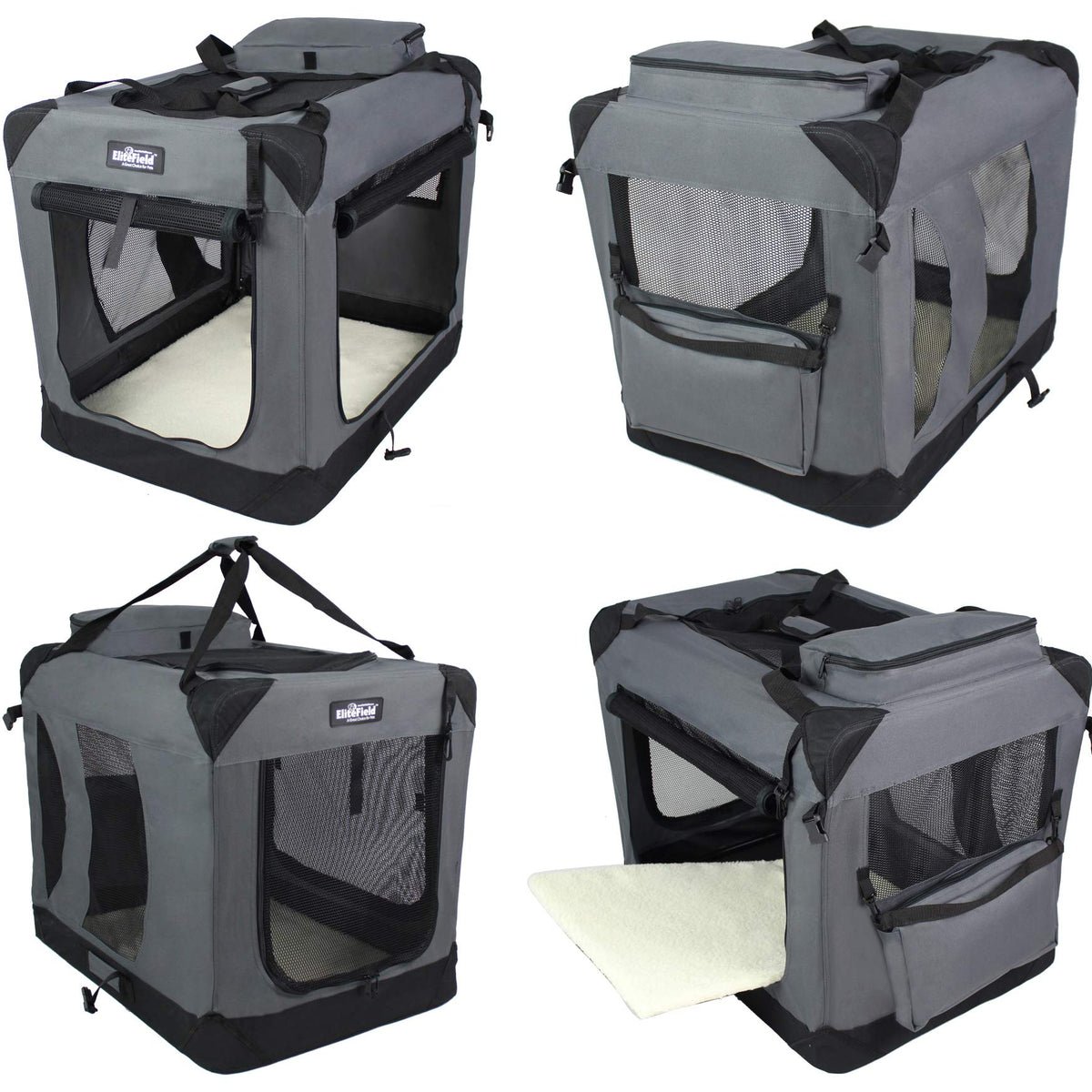 EliteField 3-Door Folding Soft Dog Crate, 30-inch gray, folded flat with carry bag