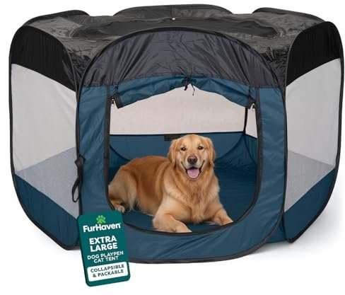 FurHaven portable pet playpen, x-large blue octagonal pop-up